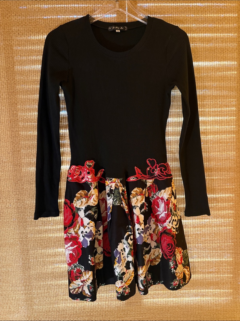 Black Long Sleeve Dress with Floral Tapestry Skirt
